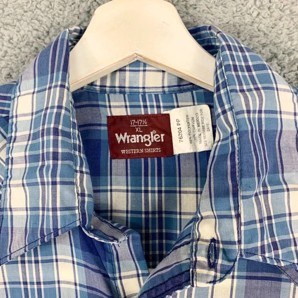 Wrangler Western Shirt Mens Extra Large‎ Blue Plaid Cowboy Southwest Camp Rodeo